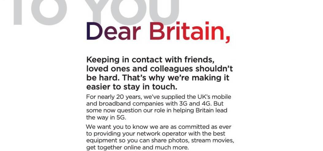 ファーウェイ、ガーディアンなど複数英国紙に全面広告　5G参入規制に反撃